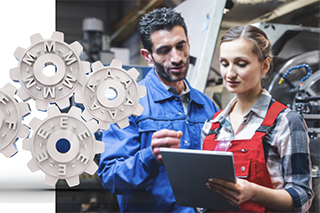 Male and female mechanic in auto shop analyzing FMEAs on a tablet with four gears labeled F,M,E, and A in the foreground.