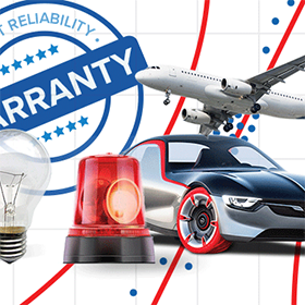 A reliability warranty logo, plane, car with with red tire, light bulb, and siren on a white grid paper background.
