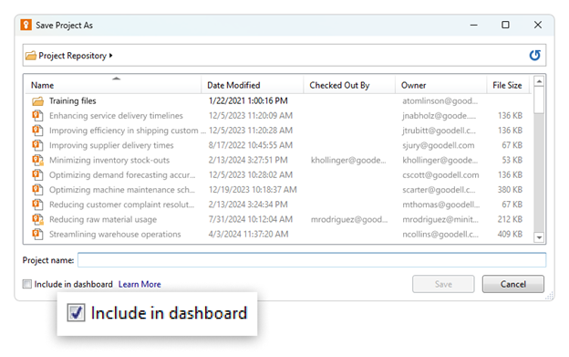 „Projekt speichern unter“ in Engage mit aktivierter Aufnahme in das Dashboard