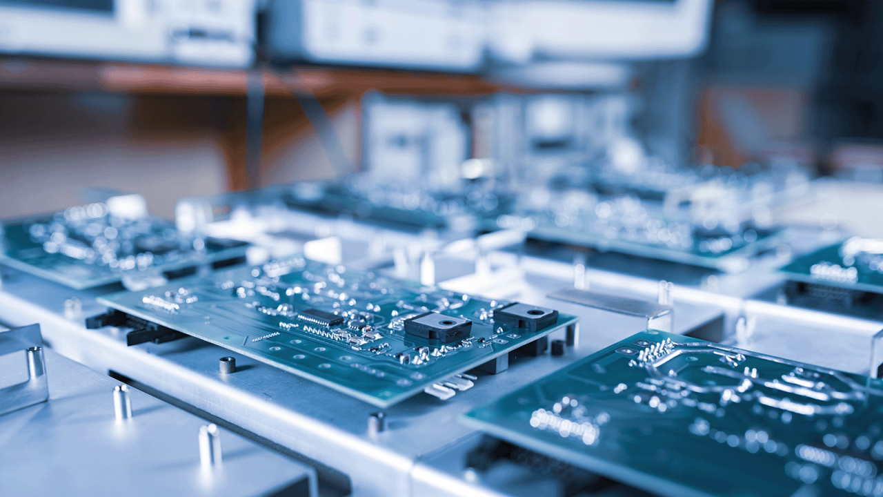 Green computer microcircuits being automatically manufactured.