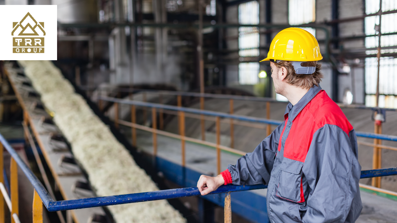 Engineering manager overseeing a white sugar production line with TRR Group logo in the corner.