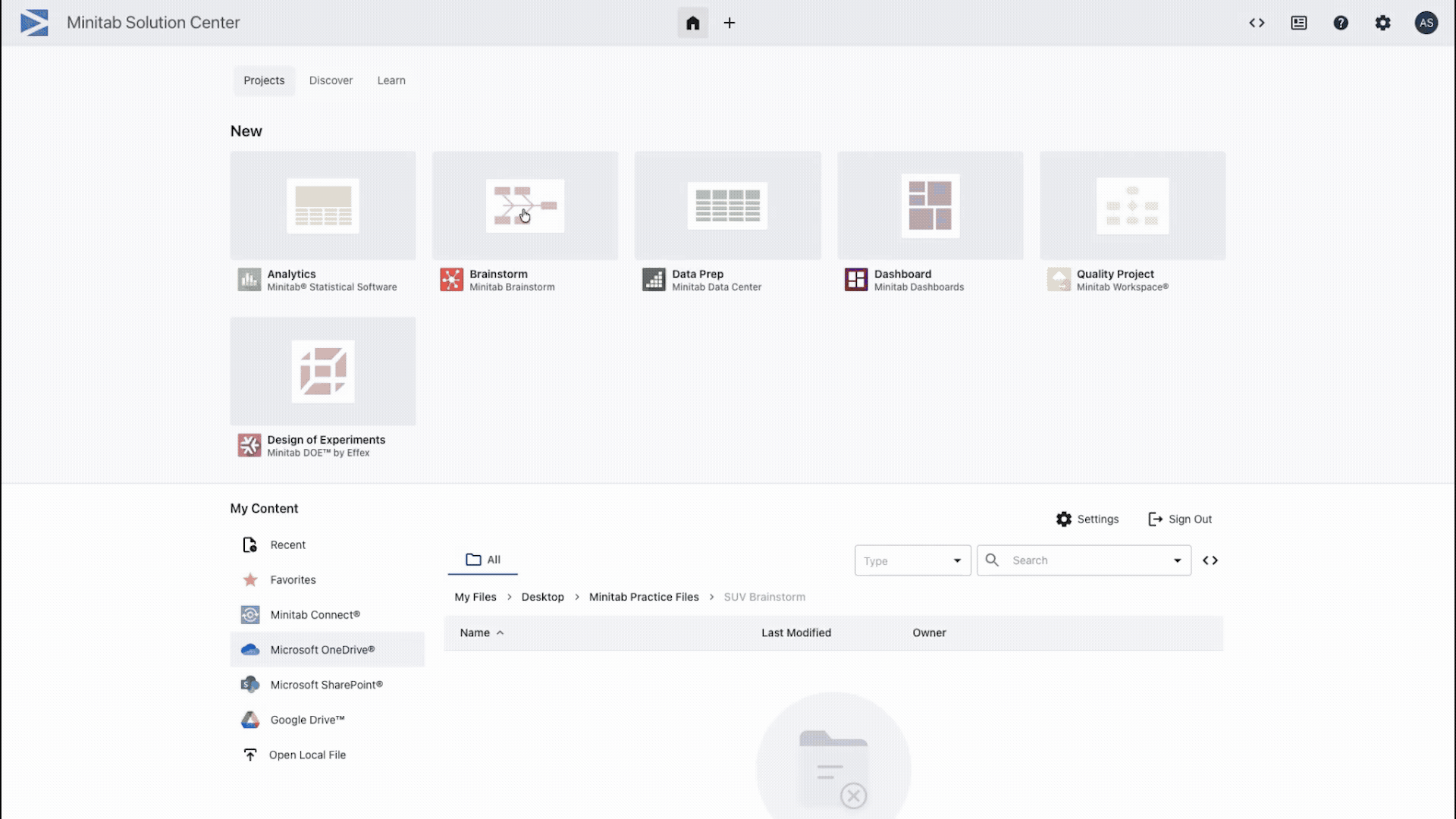 Interfaz de Brainstorm de Minitab Solution Center