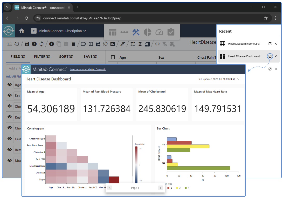 Panel de tareas Recientes de Minitab Connect