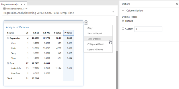 El menú contextual de opciones de tabla en la aplicación web de Minitab Statistical Software