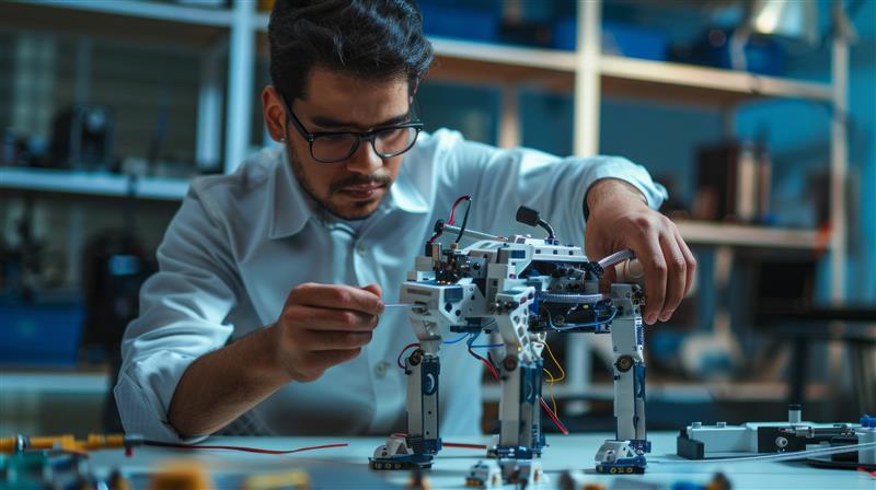 Um engenheiro mecânico monta cuidadosamente um protótipo de robô quadrúpede em uma bancada, ajustando a fiação e os componentes em um ambiente de laboratório cheio de ferramentas e equipamentos.