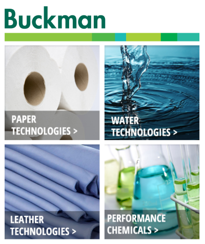 Buckman 以标题的形式出现在 2x2 的小图像网格上。在左上角，卫生纸卷上显示有“纸技术”字样。在右上角，水上显示“水技术”字样。在左下角，皮革显示“皮革技术”字样。在右下角，装满液体的烧杯上显示“高性能化学品”字样。